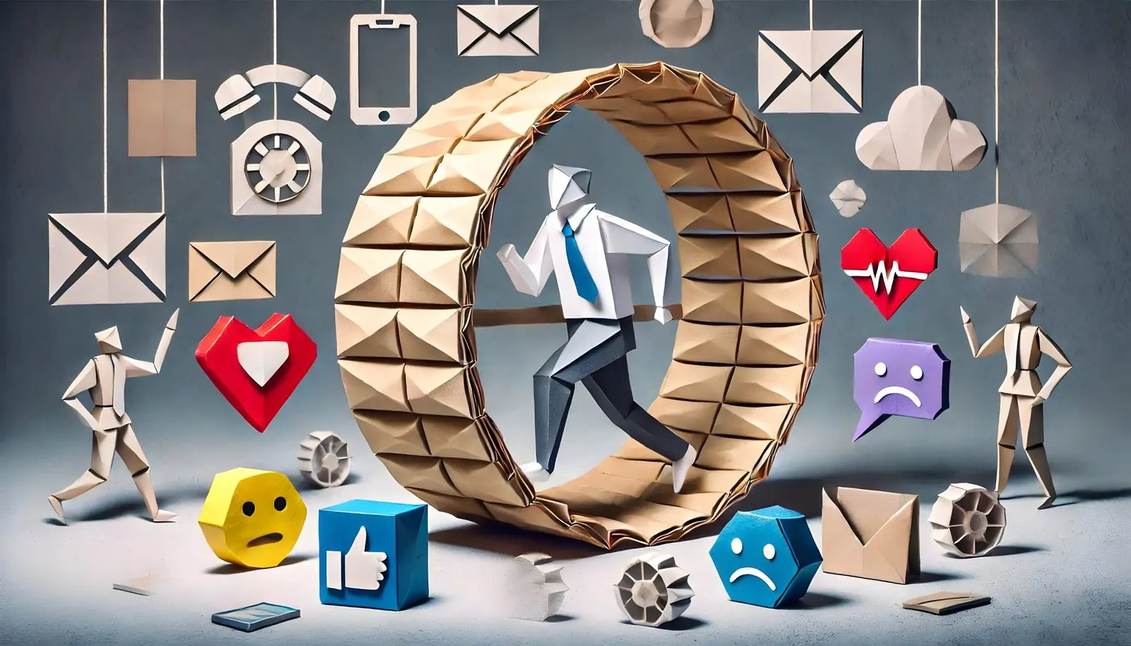 Origami-Figur im Hemd mit Krawatte läuft in einem Hamsterrad, umgeben von E-Mail-, Telefon- und Social-Media-Symbolen